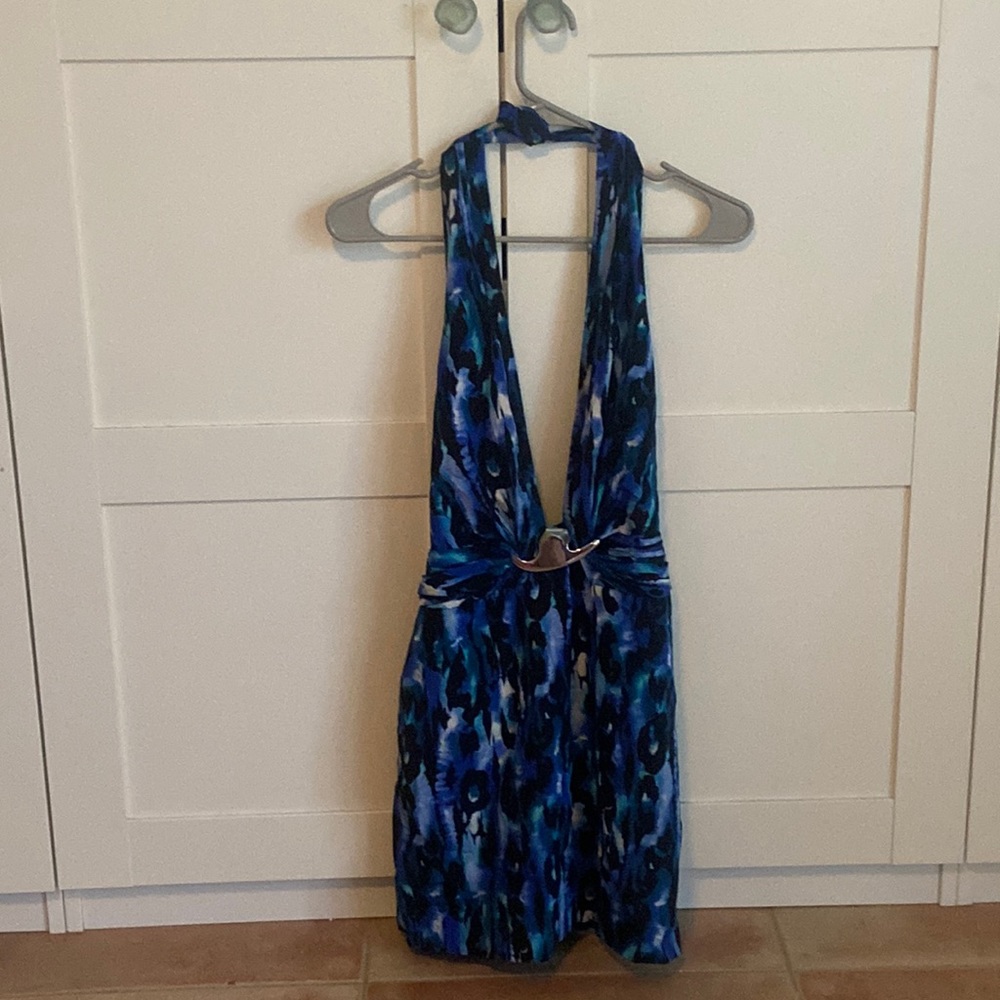 Blue patterned Bebe dress. Halter style in good condition